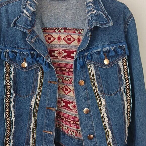 Denim land Paris Collection Women's boho fringe button-up Jean jacket sz large - Picture 14 of 14